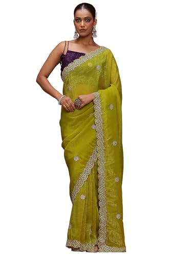 Image of AKHILAM Women's Tissue Embellished Saree With Unstitched Blouse Piece (RANI4701 RN Parent)