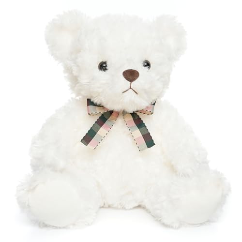 WEIGEDU Teddybär Plüsch Stofftiere Plüschtiere 30 cm sitzend – Weißer Kuschelbär mit kariertem Schleifenband – Weiches Stofftier Geschenk für Kinder & Deko