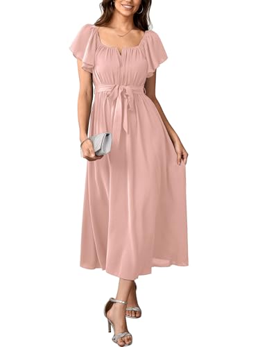 Image of SCOMCHIC Women Summer Maxi Dress Flutter Short Sleeve Square Neck Belted Casual A Line Flowy Wedding Guest Long Dresses