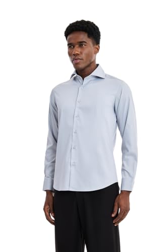 Image of SNITCH Men Formal Shirt | Tailored Slim Fit Full Sleeve Spread Collar Solid Style | Breathable Polyester Viscose Blend Twill Fabric for Office & Evening