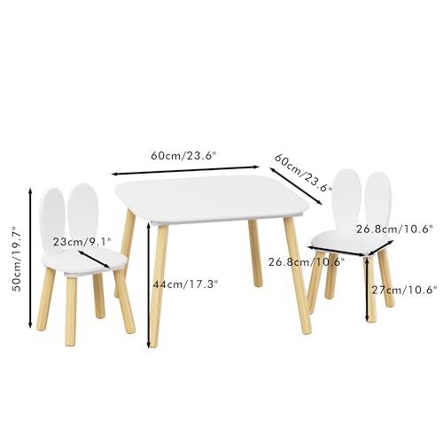 Image of Wood Table & Chairs 3 Pieces Set, Boys Girls Activity Table w / 2 Animal Shaped Chairs, Solid Wood Legs, Safe Rounded Corners, Playroom Furniture for Boys & Girls Activity Dining Drawing Craft.
