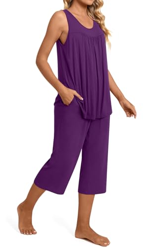 Image of TAOHUADAO Womens Summer 2 Piece Pajama Sets, Sleeveless Tops with Capri Pants, Lounge Ladies Pjs Sets with Pockets