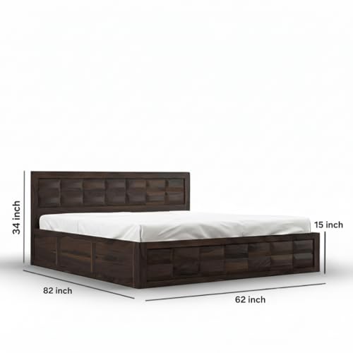 Image of Sheesham Wood Queen Size Bed with Storage Box | Wooden Box Bed Queen Size Double Cot Bed with Storage for Bedroom | Premium Barfi Design Headboard Bed for Living Room | Walnut Finish