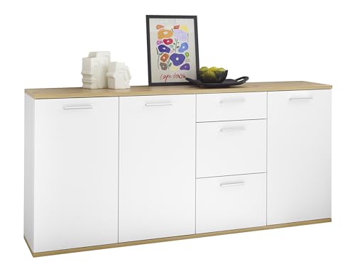 DEINE TANTE EMMA Credenza BC 1035 in Opaco con Ripiani in Rovere Artisan Moderno comò con cassetti e Molto Spazio Legno ingegnerizzato Circa 180 cm bianco