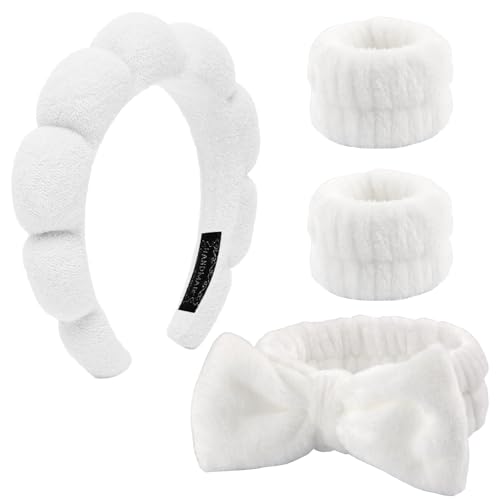 4 Stück Haarband Kosmetik,Spa Stirnband Make Up Schwamm Set Damen, Hautpflege Stirnband Waschen Gesicht Wristband Set Für Frauen Schönheit Mädchen Yoga Sport Dusche Make-up-Entfernung (Weiß)