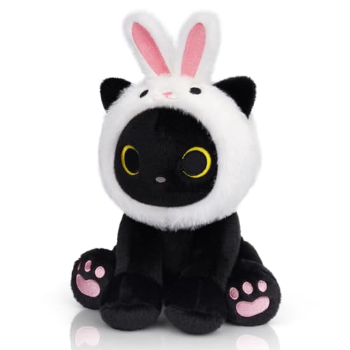 Image of Black Cat Plush with Removable Bunny Hood - Cute Stuffed Animal | Kawaii Soft Toy for Kids Toddlers, Birthday Gift for Boys Girls, Party Favors