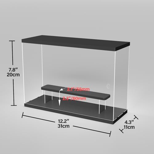 Image of Clear Acrylic Display Case with LED Light, 2 Tier Dustproof Showcase for Collectibles, Figures & Model Cars, Stackable Display Box (Black, 12x4x8in)