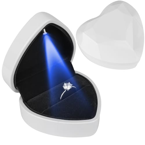 Image of Heart Ring Box with LED Light, Luxury LED Lighted Engagement Ring Box, Velvet Earrings Jewelry Case with Light, Jewelry Display Box for Wedding, Engagement, Proposal, Birthday and Anniversary-White
