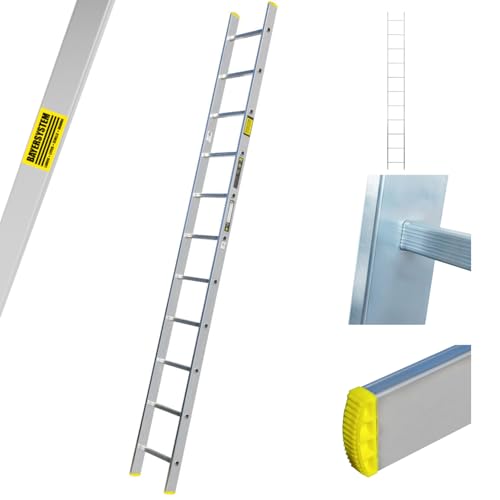 Bayersystem BS-DJ 1x11 Aluminium Anlegeleiter, 11 Sprossen, bis 150 kg belastbar, Leiterhöhe 2,95 m, max. Arbeitshöhe 3,77 m, Profi-Leiter, Stufenanlegeleiter, Silber/Gelb