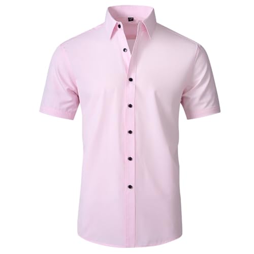 Camisas a Cuadros para Hombre Camisa Formal Elástica de Manga Corta Color Sólido Camisas Casual de Trabajo abotonadas Jersey Algodón Cuello Alto, Rosa, XXL