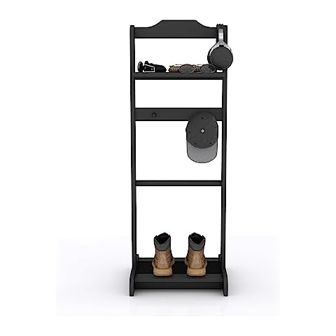 GLSCASA Valet Stand for Men, Wooden Valet Stand with Cloth Hanger, Top Tray, Belt Hooks, Freestanding Garment Rack for Living Room, Entryway, Bedroom, Office, Black Cover