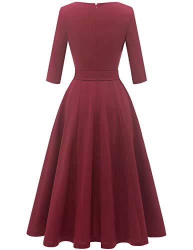 Dresstells Vintage Tea Dress For Women, 1950S Cocktail Party Dresses, Modest Bridesmaid Dress For Wedding Guest, 3/4 Sleeve Formal Aline Church Dress, Fit Flare Prom Dress Raspberry L #TOP2
