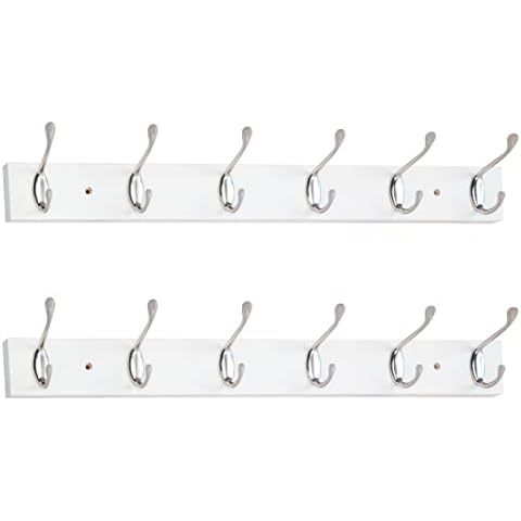ROOREVO Wall Mounted Coat Rack 24 Inches with 6 Hooks - 2 Pack, Wall Coat Hooks Wall Hat Hanger, Satin Nickel & White Cover