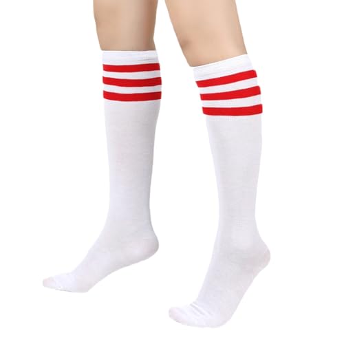 BRTNUP Chaussettes de bottes rayées, chaussettes genoux, décontractées, à rayures, pour femmes et filles, rouge/blanc, taille unique