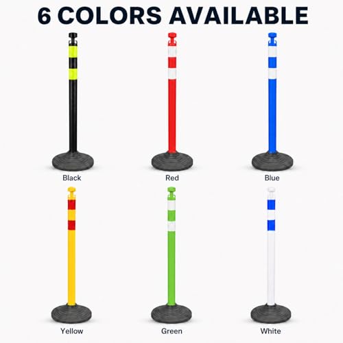 Image of 6 Pack Traffic Delineator Post Cones with Chain Stanchion, Black Crowd Control Safety Barrier Posts with Heavy Duty Base for Parking Lots, Warehouses and Construction Safety (Black)