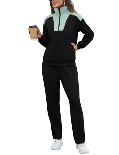 Litherday Chándal Mujer Otoño Invierno 2 Piezas Conjunto Deportivo Cómodo con Sudadera de Color Bloque y Pantalón Deportivo Largo Ropa Casual para Fitness Jogging Negro + Verde Claro L