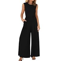 BTFBM Womens Casual Jumpsuits Dressy 2025 Summer One Piece Outfits Crew Neck Sleeveless Knit Wide Leg Pants Romper(Black, Medium)