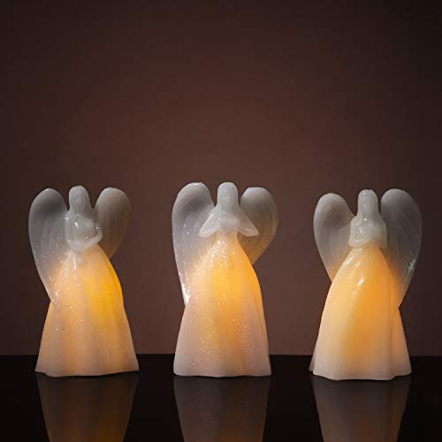 Angel Flameless Candles - Set of 3 Guardian Angel Figurines with LED Lights, 7 Inch, White Glitter Wax, Battery Operated, 5 Hr Timer - Sympathy Gift, Easter Decoration or Religious Decor