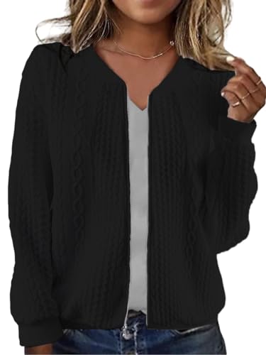 Image of WROLEM Women's Zip Up Cardigan Sweater Cable Hoodies Long Sleeve Jacket Outfits Crewneck Casual Coat Black