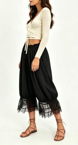 Image of UAURORAO Women Lace Trim Bloomer Pants Flowy Culottes Pantaloons Bloomers