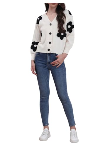 SweatyRocks Women's Knitted Cardigan Button Down Floral Embroidered Long Sleeve Sweater Coat4