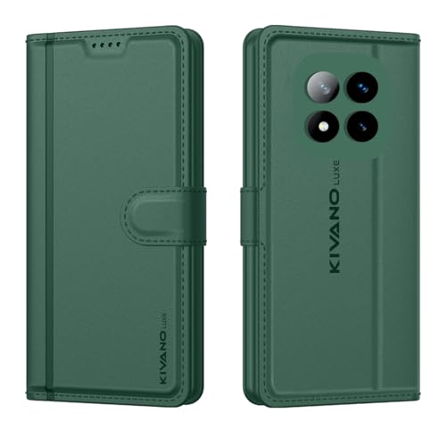 Image of KIVANO LUXE Compatible for Poco X7 5G / Redmi Note 14 Pro 5G Luxury Handmade Leather Magnetic Flip Folio Case | Card Holder & Kickstand | Slim Protective Cover | Unisex - Green
