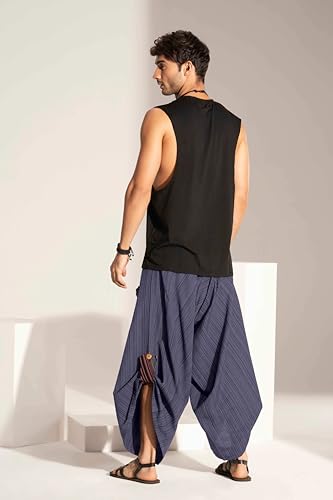 Image of The Veshti Company Cotton Baggy Pants Drop Crotch Harems for Men's Loose Boho Oversized Striped Meditation Yoga Pant with Pocket
