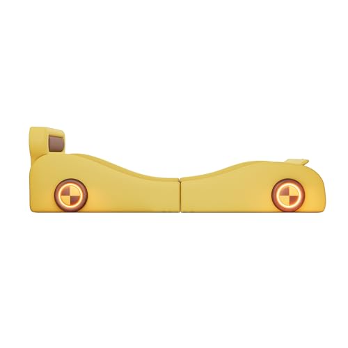 Autobett Kinderbett Jugendbett 90x200, Polsterbett Einzelbett mit leuchtenden Rädern&Stauraum, Aufregendes Auto Kinderbett für kleine Rennfahrer, Kinder Spielbett mit Lattenrost, PU,Ohne Matratze,Gelb
