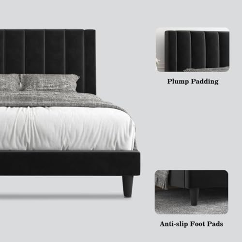 Image of SUHAVI Upholstered Bed King Size Without Storage Solid Sheesham Wood Modern Premium Fabric Upholstery Cushion Headboard | King Bed for Bedroom Wooden Double Bed Cot 1 year warranty 78x72 Black