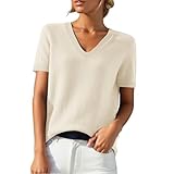 PODOLIXIA Jersey de manga corta para mujer, cuello de pico, de punto, monocolor, manga corta, jersey de punto fino, suave, respetuoso con la piel, para verano, suéter para mujer, beige, XL