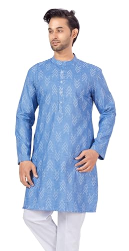 Image of Studio Shringaar Men's Cotton Blend Relaxed Fit Ikat Printed Knee Length Kurta