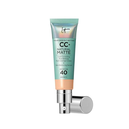 IT Cosmetics, Base de Maquillaje Matificante y Control de Brillo 16h, Minimiza Poros, Hidrata 24h, Your Skin But Better CC+ Natural Matte SPF 40, Tono Light Medium, 32 ml