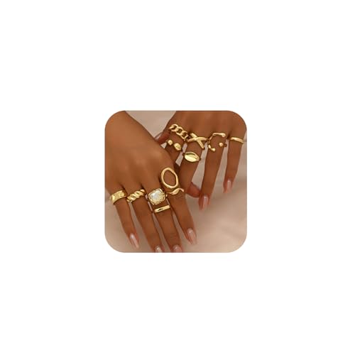 Chunky Gold Stackable Rings Set for Women,Vintage Knuckle Rings Dainty Hollow Carved Joint Finger Midi Rings Pack Adjustable Signet Rings Jewelry Mixed Size