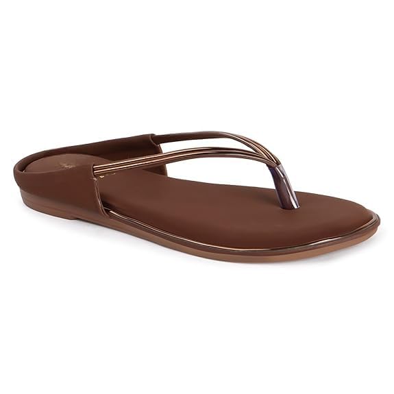 Image of Women's Brown Flip Flop Sandals, Thong Style, Metallic Strap, Casual Flat Footwear