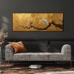 Tableau panoramique d'aigrettes japonaises 60x180 cm avec estampe de grues dorées pour chambre