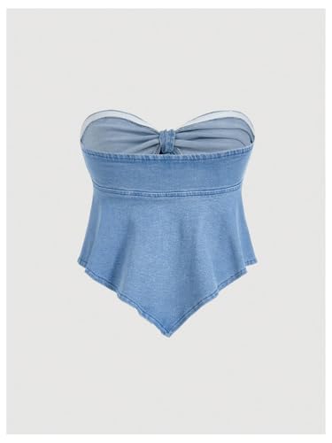 Milumia Women's Bow Tie Front Denim Tube Top Strapless Ruffle Hanky Hem Western Concert Crop Tops2