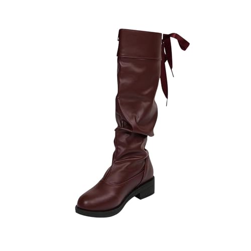 Bottes genou à lacets pour femme à talon bas et bout rond en couleur unie