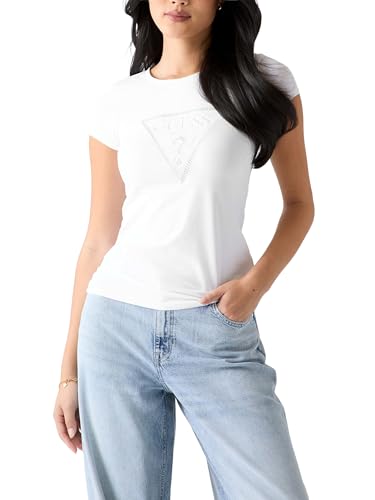 Image of Guess Women's Eco Short Sleeve Triangle Lace R3 Tee, Pure White, M