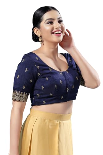 Image of Vamas Women's Silk Padded Self Design Half Sleeve Readymade Saree Blouse (X-1166.ELB)