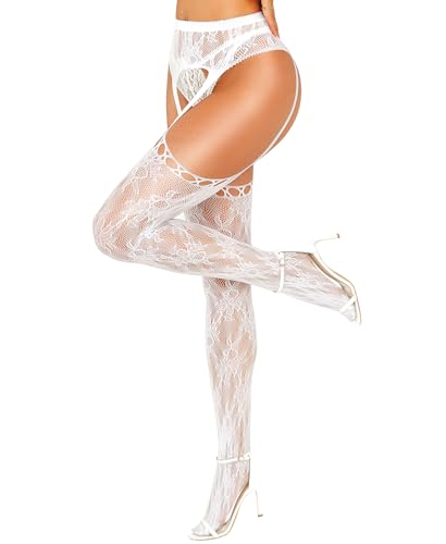 RSLOVE Bas pour Porte-jarretelles Femme - Collants Résille Fleurs Sexy en Dentelle Taille Haute Blanc, Taille unique