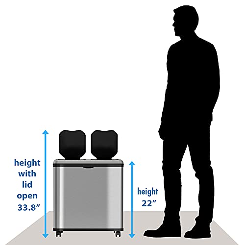 iTouchless 16 Gallon / 60L Stainless Steel Dual Compartment Sensor Kitchen Trash Can and Recycle Bin with Wheels – Rectangular Garbage Can with Touchless Motion Sensor Lid & Removable Inner Buckets