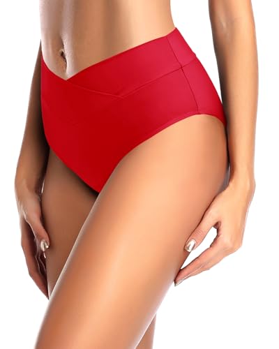 Image of Women V Cut Full Coverage Bikini Bottom - High Waist Swim Bathing Suit Bottoms Cross V Front Swimsuit