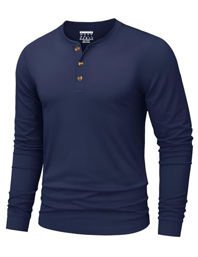 TACVASEN Men's T-Shirts Long Sleeve Henley Shirt Cotton Fall Casual Tops Soft Grandad Collar Tshirts for Work Travel Navy M