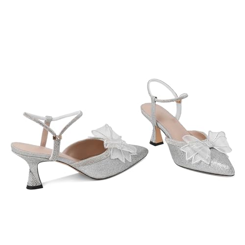 Joseywade Rhinestone Bow Heels Women Pointed Toe Low Heels Pumps Adjustable Ankle Strap Wedding Bridal Shoes3