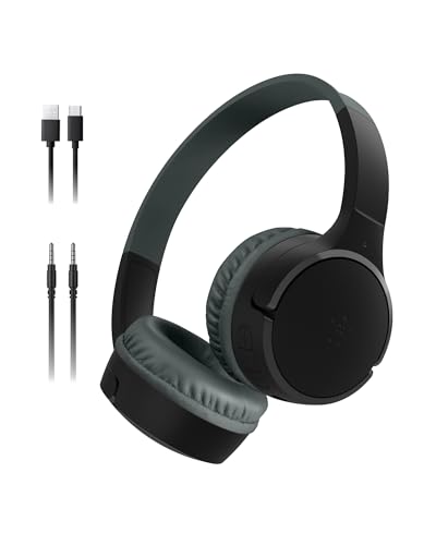 Belkin SoundForm Mini Cuffie wireless per bambini con microfono, 30 ore di riproduzione, adesivi divertenti, headset over-ear per didattica online, scuola e viaggi, per iPhone, iPad e Galaxy, nero