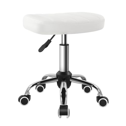 Image of BFTOU White Minimalist Square Swivel Stool with Wheel for Work SPA Shop Massage Height-Adjustable and Cost-Effective Rolling Stool Chair