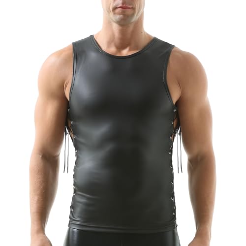 DTODWW Men's Faux Leather Vest Sleeveless Undershirt Tank Top Shirt Round Neck Undershirt Clubwear2