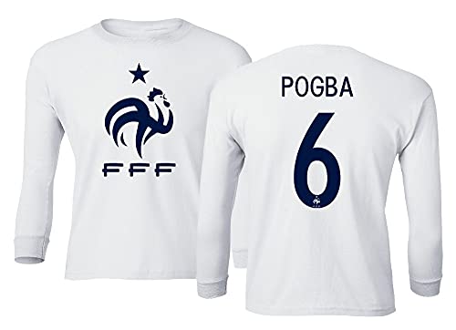 Spark Apparel European Soccer 2020 France #6 Paul Pogba Jersey Style Boys Girls Youth Long Sleeve T-Shirt (White, Youth - Medium)