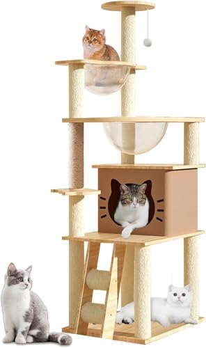 Cat Tree Tower With Climbing Frame 140 CM Wooden Cat Tree Multi Level Condo With 2 Transparent Capsule House 2 Perches 10kg Weight Capacity Activity Center for cat to Play