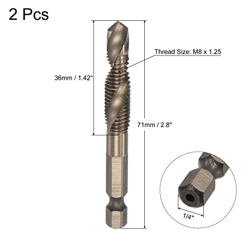 Uxcell A22040200UX0937 Combination Drill And Tap Bit, 1/4 Inch Hex Shank M8 X 1.25 Metric Titanium Coated High Speed Steel 6542 Spiral Flute Drilling Tapping Tool 2Pcs thumb #1